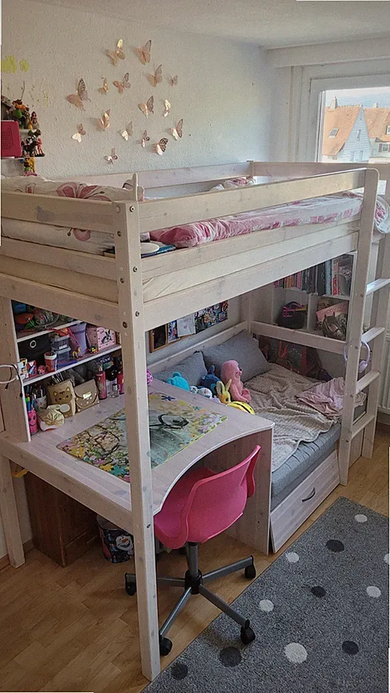 Kinder Hochbett Holz Weiß Einzelbett mit Schreibtisch & 1 Schublade Einhorn