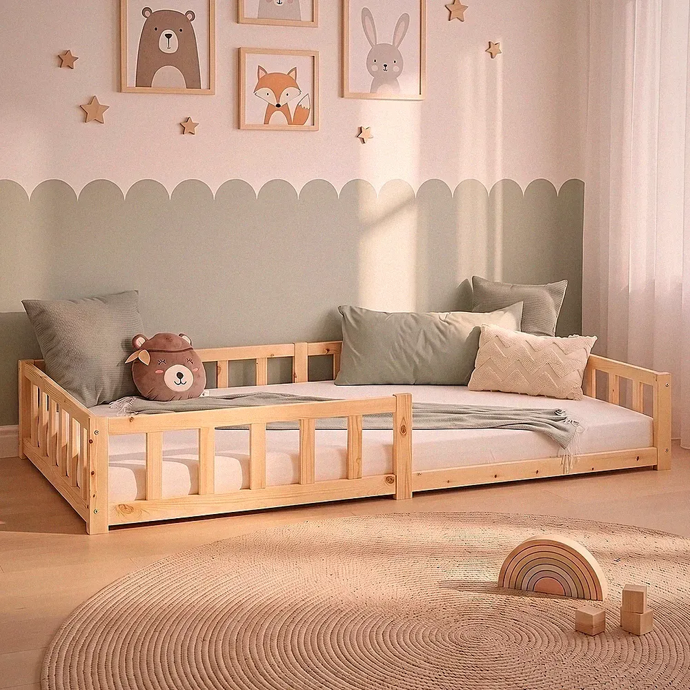 Kinderbett 120x200 Mädchen Junge Rausfallschutz Bodenbett Holz Natur Homestyle4u