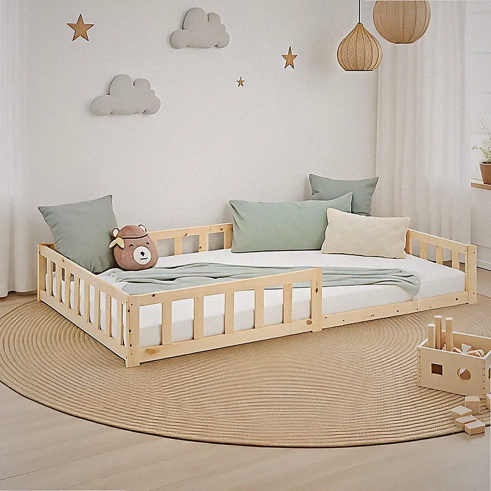 Kinderbett 120x200 Mädchen Junge Rausfallschutz Bodenbett Holz Natur Homestyle4u