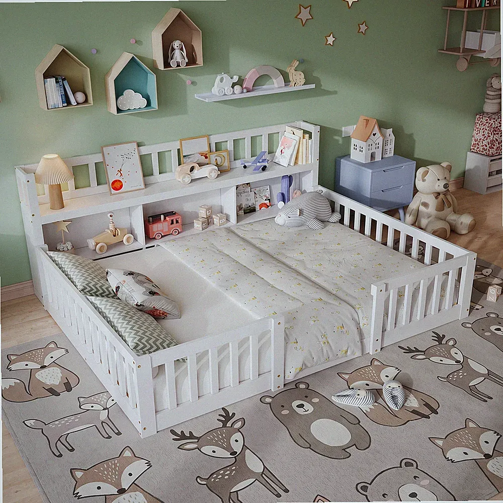 Kinderbett 140 x 200 cm mit Bücherregal, Doppelbett mit Lattenrost Babys weiß