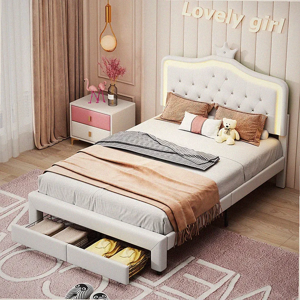 Kinderbett 140x200, Jugendbett mit Verstellbares Crown Kopfteil, LED-Beleuchtung