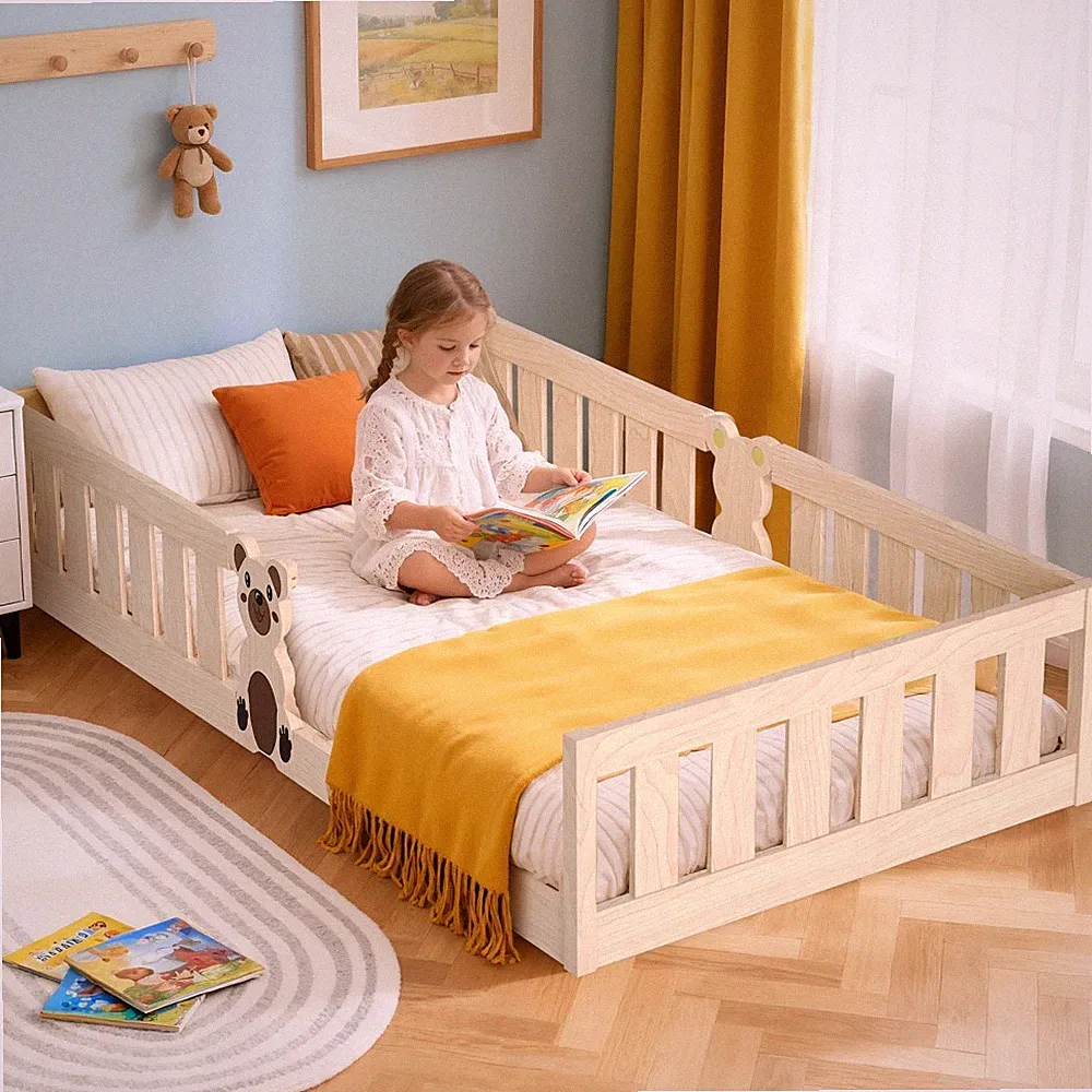 Kinderbett 200×90 cm Bodenbett massiv Rausfallschutz Lattenrost Schutzgitter Neu