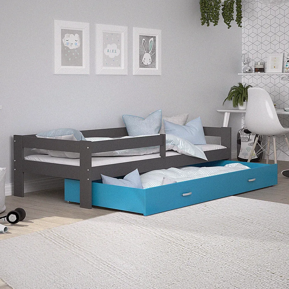 Kinderbett 80x160 cm Bett mit Matratze Lattenrost Schublade HUGO Farbauswahl