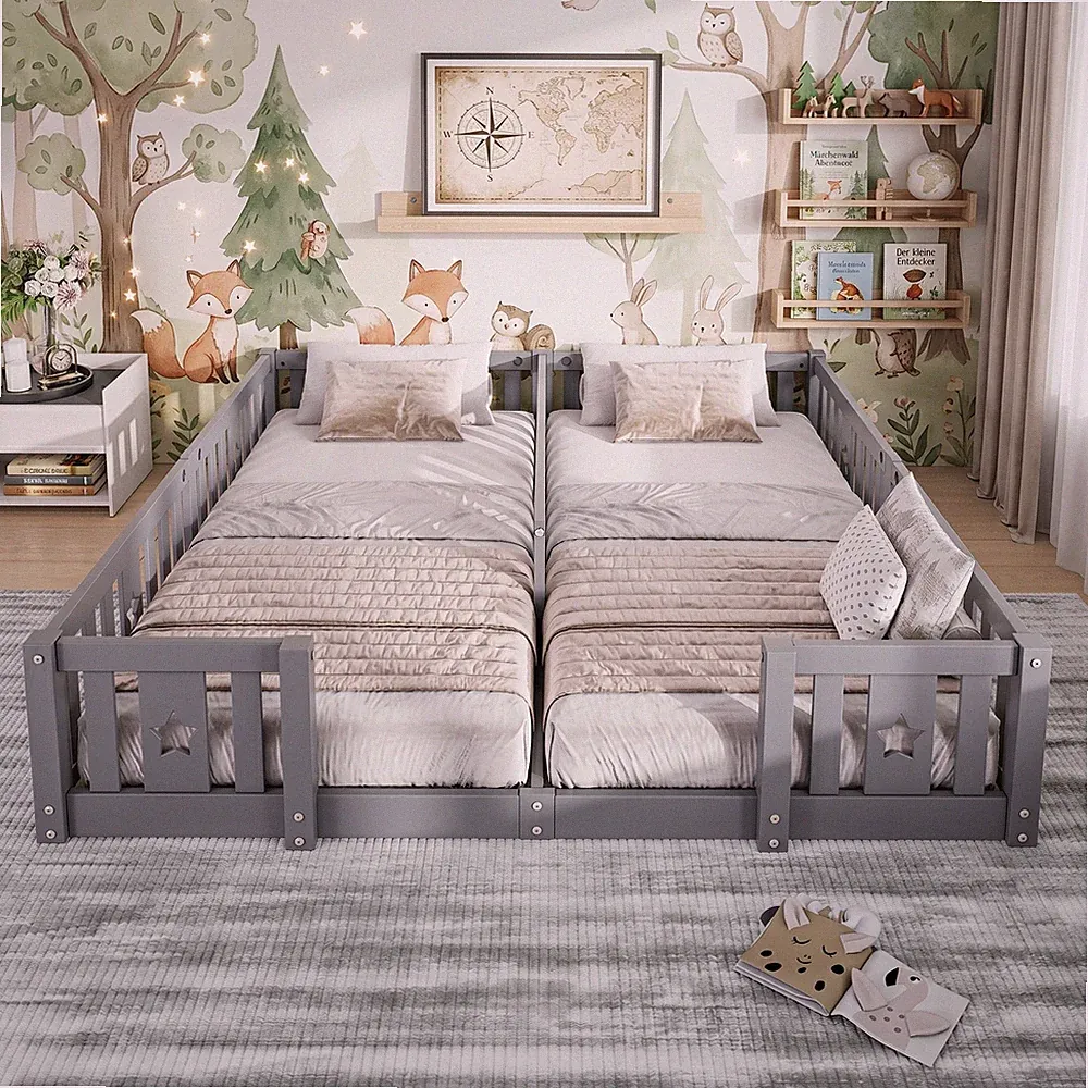 Kinderbett 90/180x200 Doppelbett Bodenbett Rausfallschutz - Ohne Lattenrost - DE