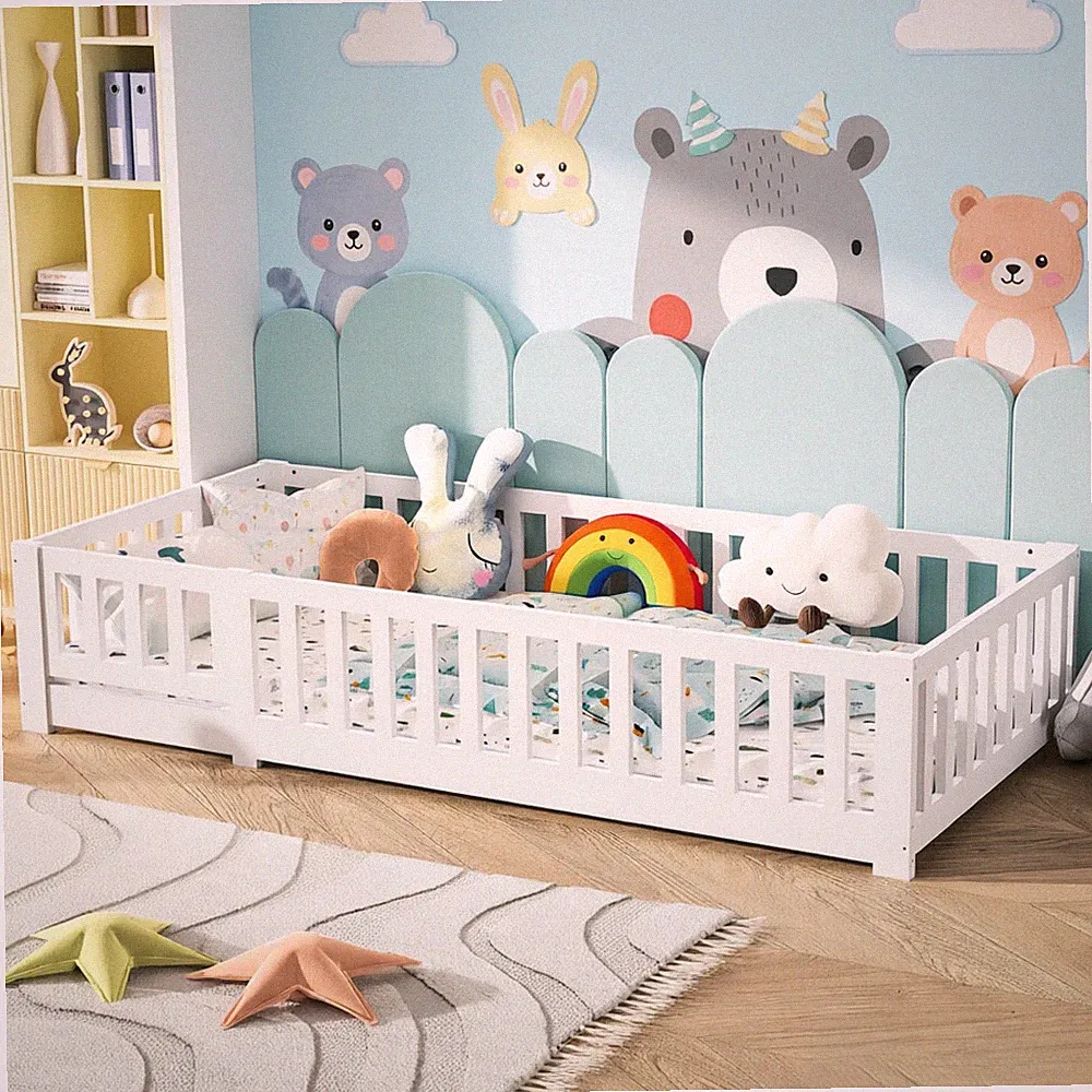 Kinderbett 90 x 200 Bodenbett Montessori Bett Weiß mit Abnehmbaren Jugendbett