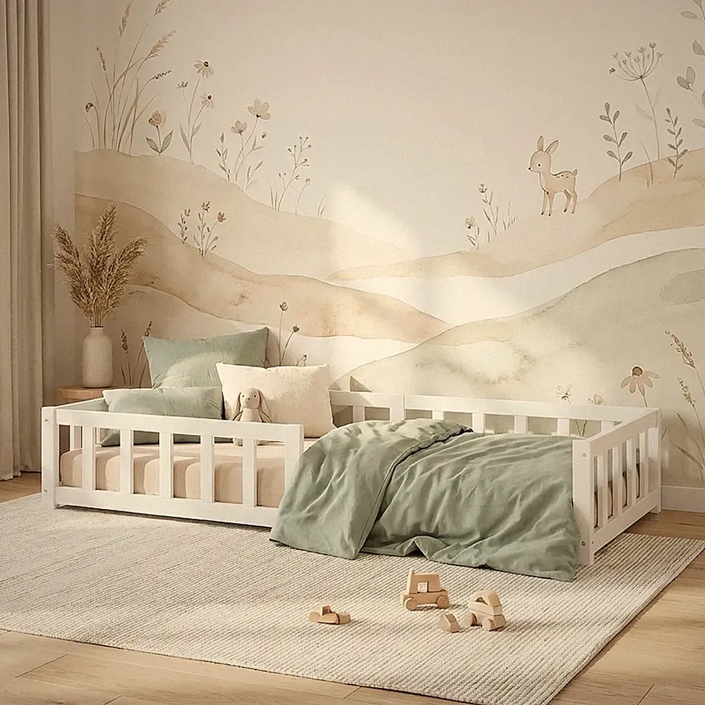 Kinderbett 90x200 Bodenbett Weiß mit Rausfallschutz Lattenrost Holz Homestyle4u