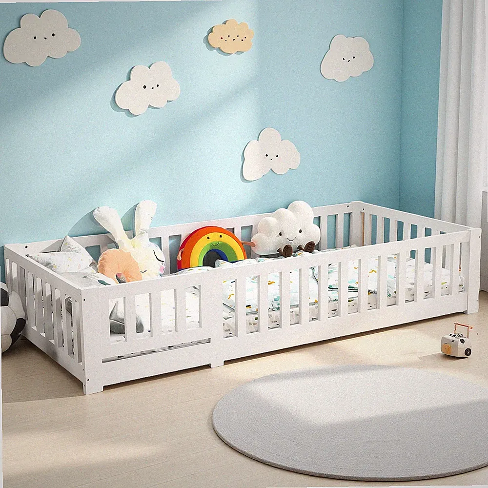 Kinderbett 90x200 cm Bodenbett Montessori Bett mit Abnehmbaren Jugendbett Weiß