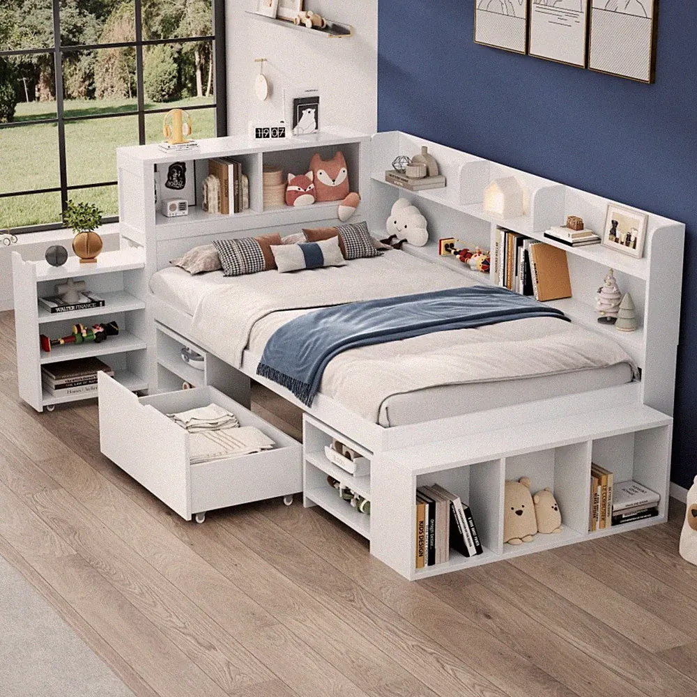Kinderbett 90x200 cm mit Stauraum Schublade Bücherregal Lattenrost Weiß