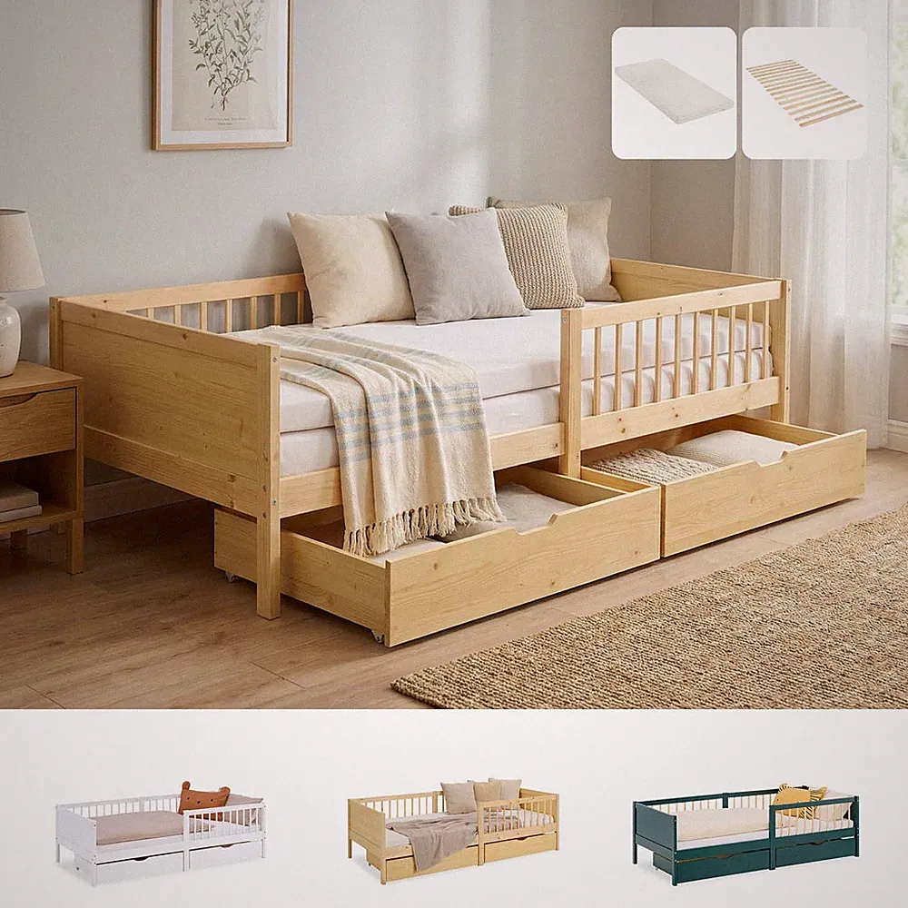 Kinderbett 90x200 cm Weiß Grün 2 Bettkästen Rausfallschutz Matratze Homestyle4u