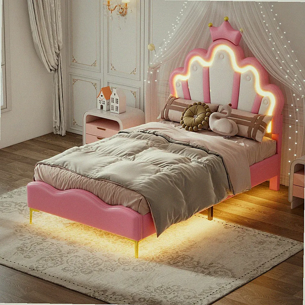 Kinderbett 90x200 für Mädchen Kronen-Polsterbett mit verstellbarem Kopfteil, LED