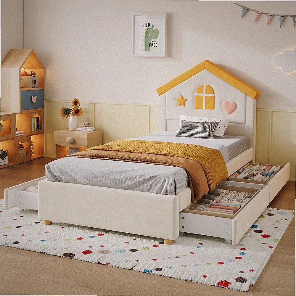 Kinderbett 90x200 Hausbett Gelb mit Samt 4 Schubladen Stauraumbett Kinderzimmer