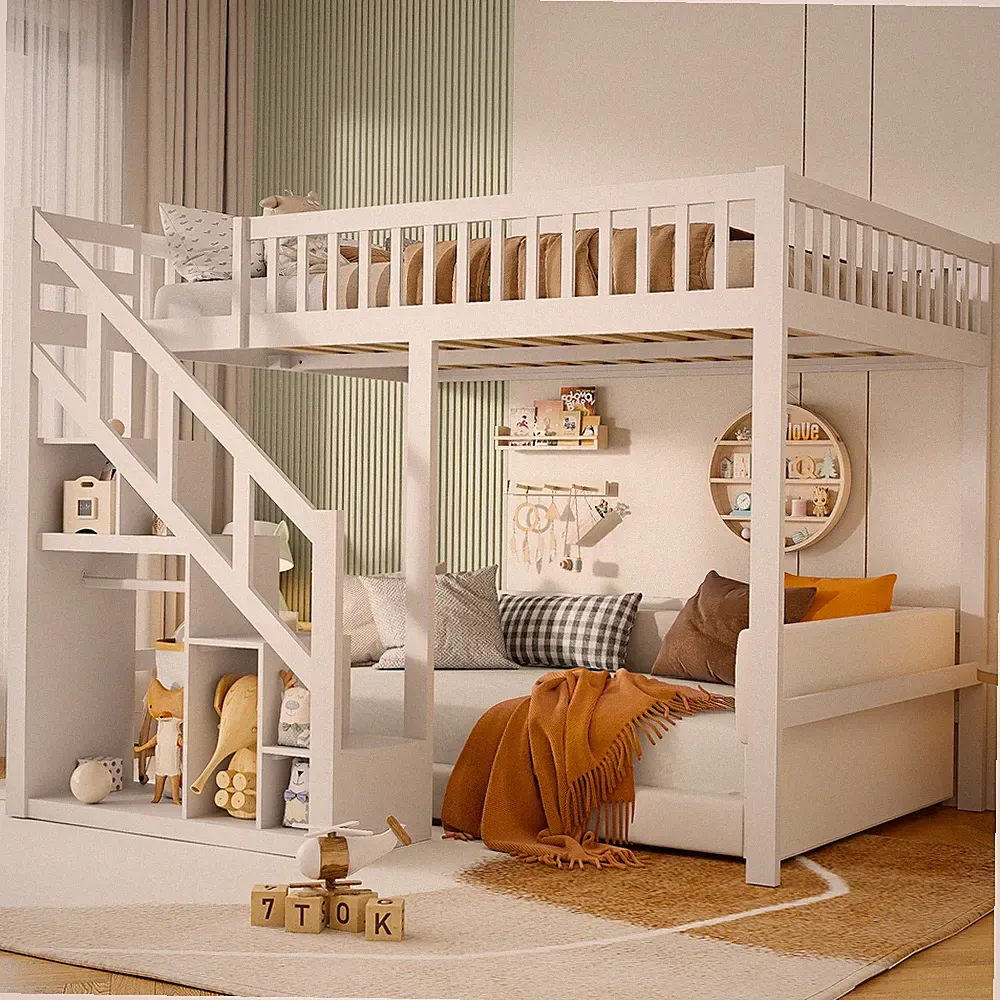 Kinderbett 90x200 Hochbett Etagenbett mit Stufenleiter Staufach Stockbett Massiv