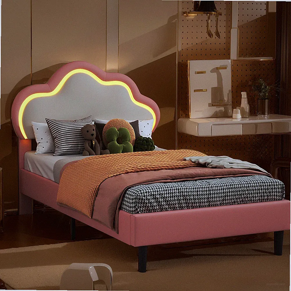 Kinderbett 90x200, Polsterbett für Mädchen mit Höhenverstellbarem Kopfteil Rosa