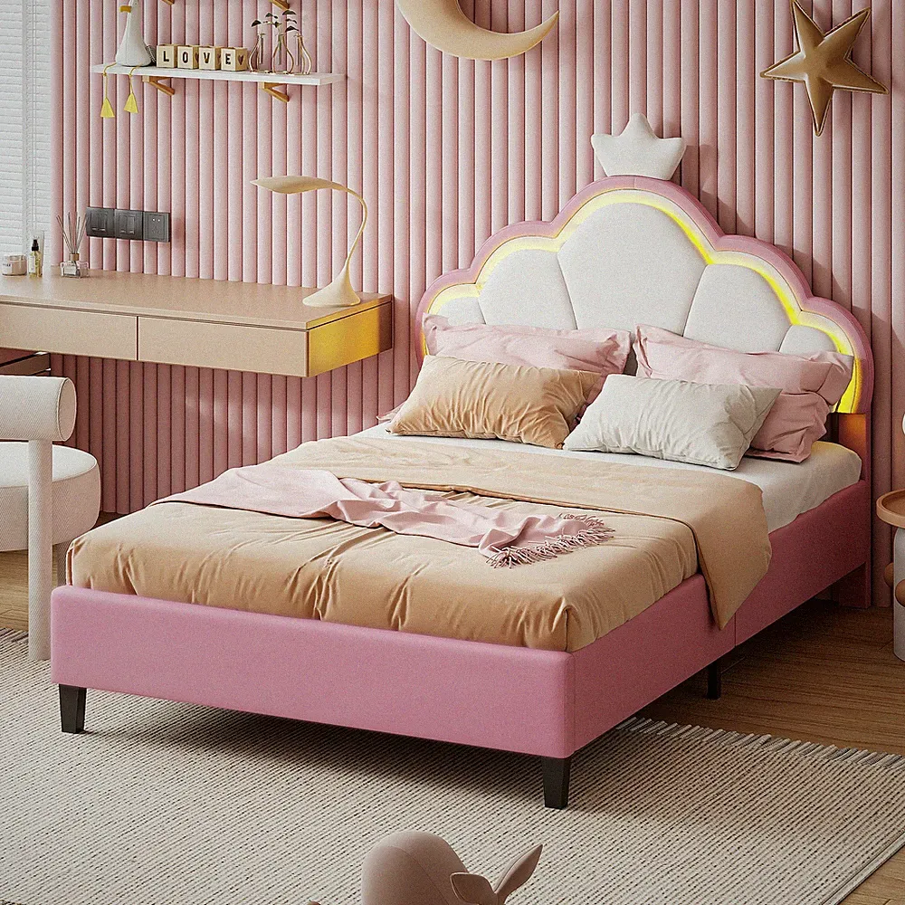 Kinderbett 90x200 Polsterbett mit LED Mädchen Bettgestell Verstellbares Kopfteil