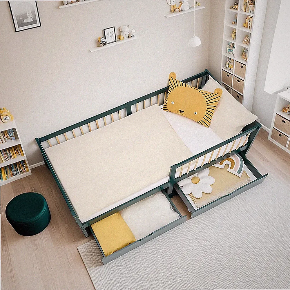 Kinderbett 90x200 Rausfallschutz 2 Schubladen Holzbett Bett Grün Homestyle4u