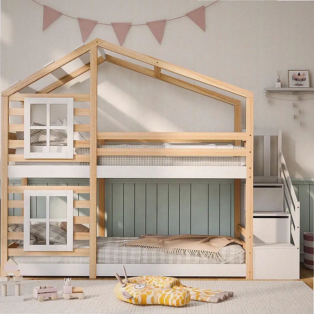 Kinderbett 90x200cm Hausbett Jugendbett Etagenbett Hochbett Doppelstockbett