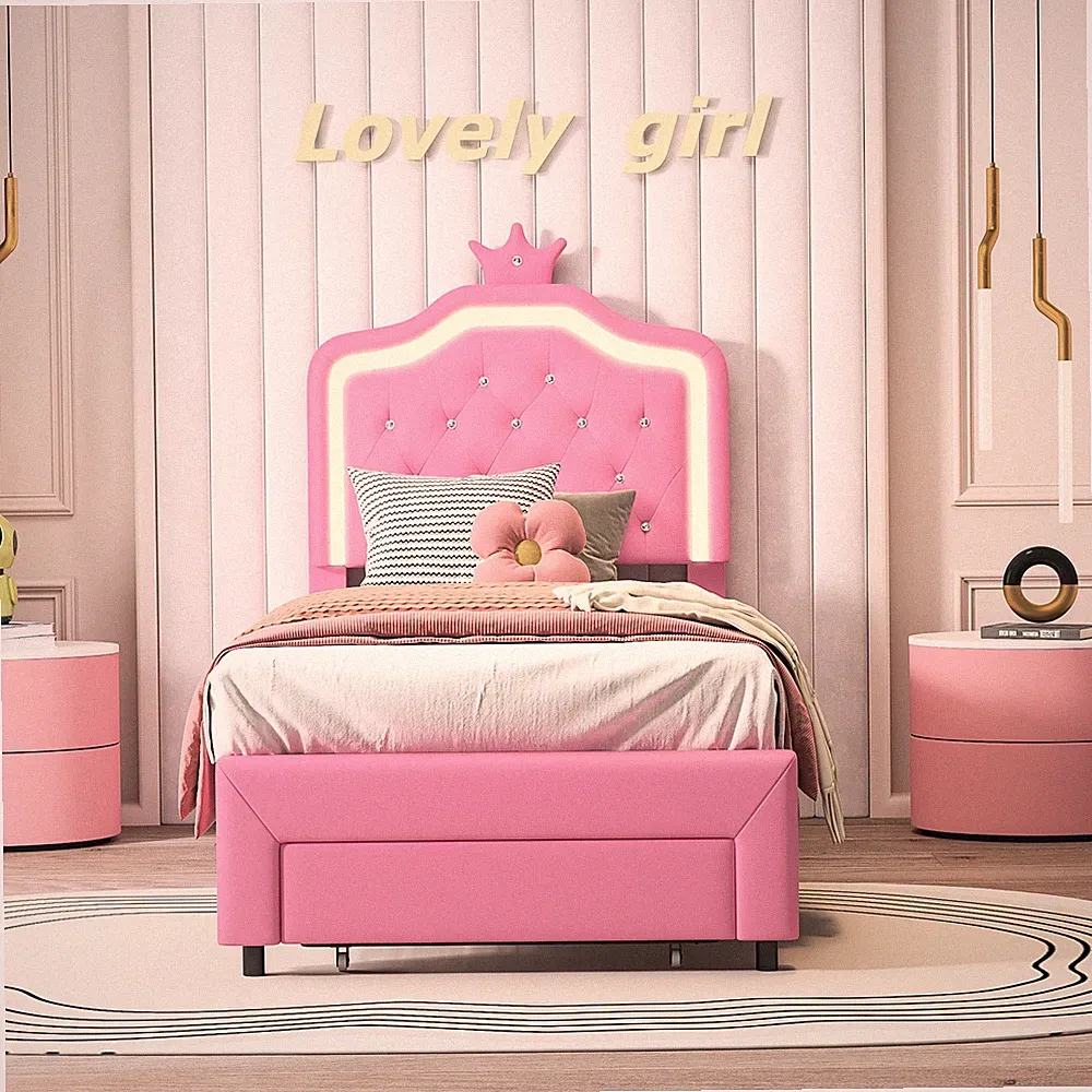 Kinderbett 90x200cm Polsterbett Bettgestell mit Schublade Stauraumbett LED Rosa®