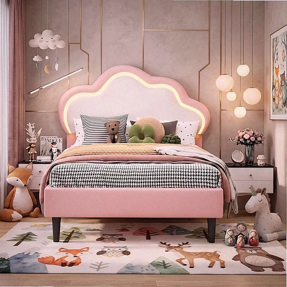 Kinderbett 90x200cm Polsterbett für Mädchen mit Höhenverstellbarem Kopfteil Rosa