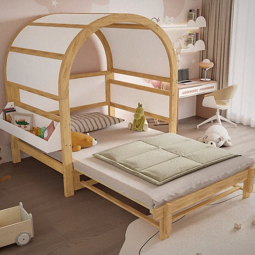 Kinderbett Ausziehbares Hausbett 140x200cm mit Lattenrost Weiß Natur