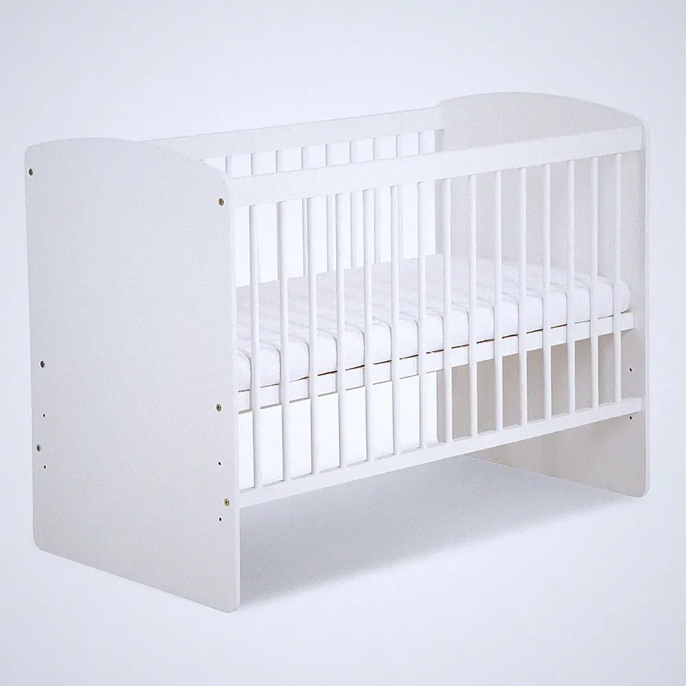 Kinderbett Babybett 120x60 Weiß Holz Kiefer mit Matratze höhenverstellbar K2