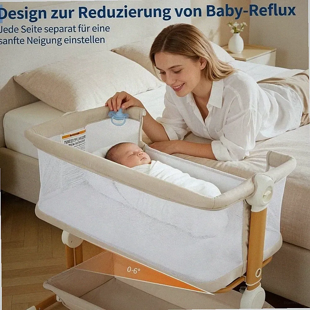 Kinderbett Babybett, 6-höhenverstellbar Beistellbett Zustellbett mit Matratze