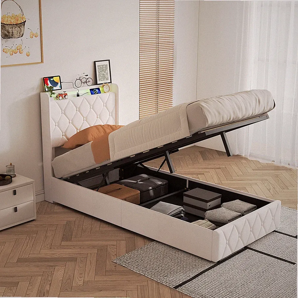 Kinderbett Boxspringbett 90x200 mit LED USB Lattenrost Polsterbett Stauraumbett