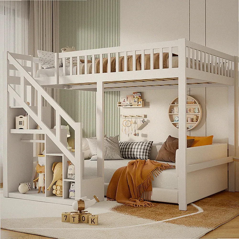 Kinderbett Etagenbett Hochbett Massiv Stockbett mit Stufenleiter Staufach 90x200