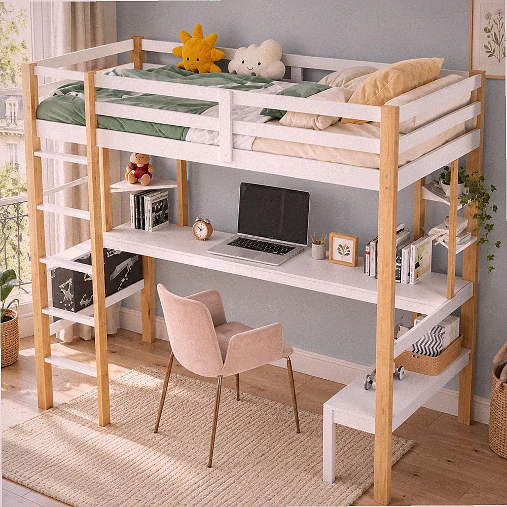 Kinderbett Etagenbett Loft Bettgestell Hochbett mit Lattenrost Tisch Jugendbett
