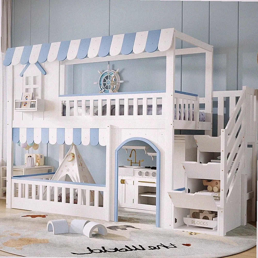 Kinderbett Hausbett Etagenbett 90X200 Hochbett Spielbett mit Lagertreppe Fenster