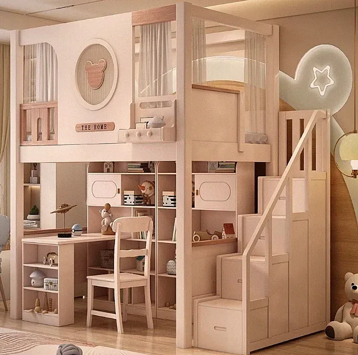 Kinderbett Jugendbett Etagenbett Hochbett Stockbett weiß Holz mit Schreibtisch