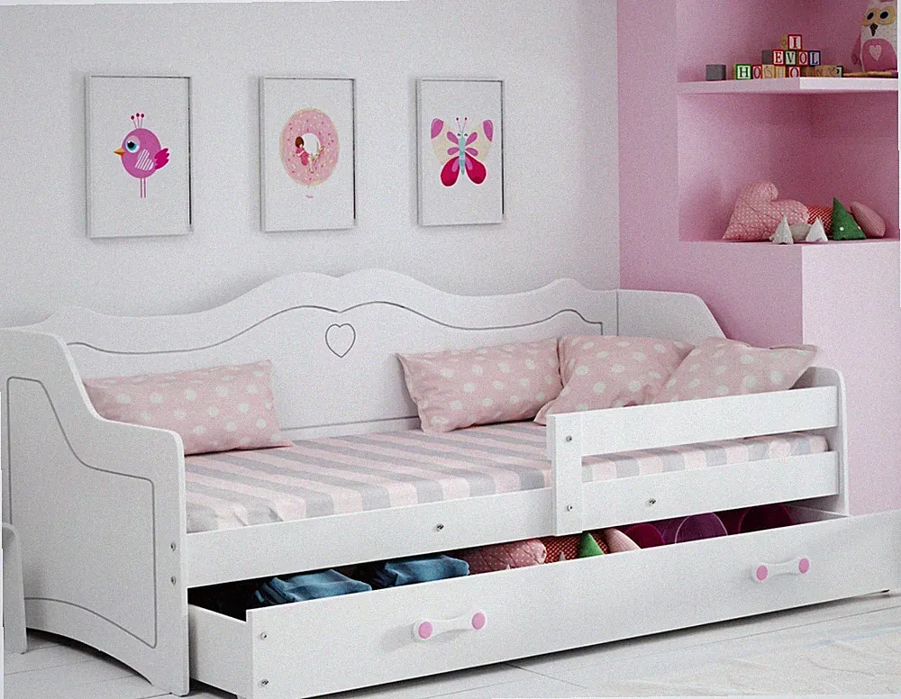 Kinderbett Mädchen Jugendbett 80x160 cm rosa weiß mit Rausfallschutz & Schublade