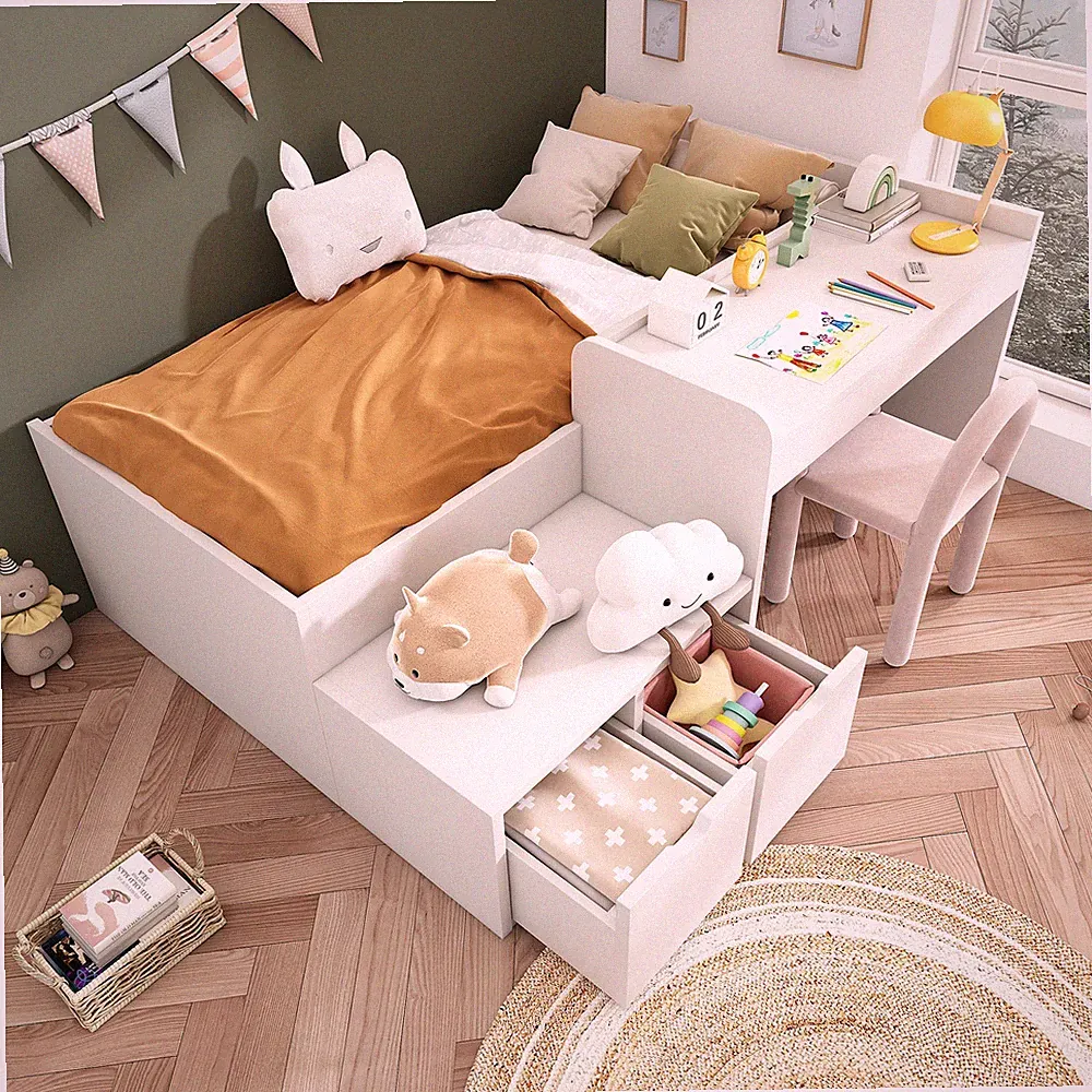 Kinderbett Massiveholz Einzelbett mit Schreibtisch und Schubladen Stauraumbett