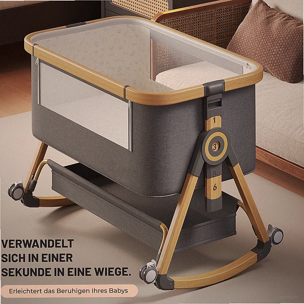 Kinderbett mit 4 Rollen, Babywiege Höhenverstellbar Beistellbett mit Moskitonetz