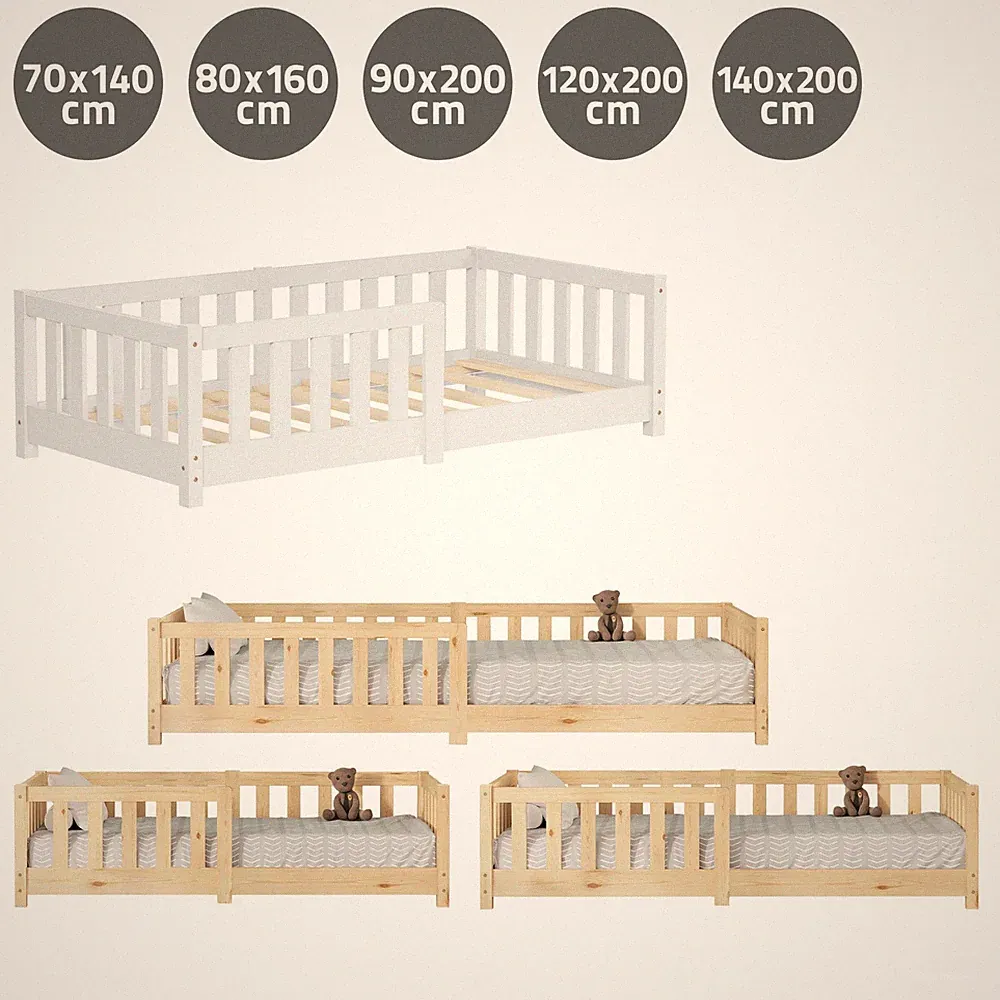 Kinderbett mit Lattenrost Matratze Jugendbett Rausfallschutz Holzbett Natur/Weiß