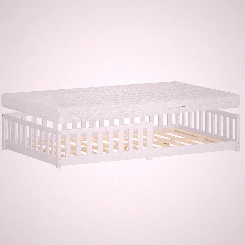 Kinderbett mit Matratze Einzelbett Lattenrost Rausfallschutz 120 x 200 cm Weiß
