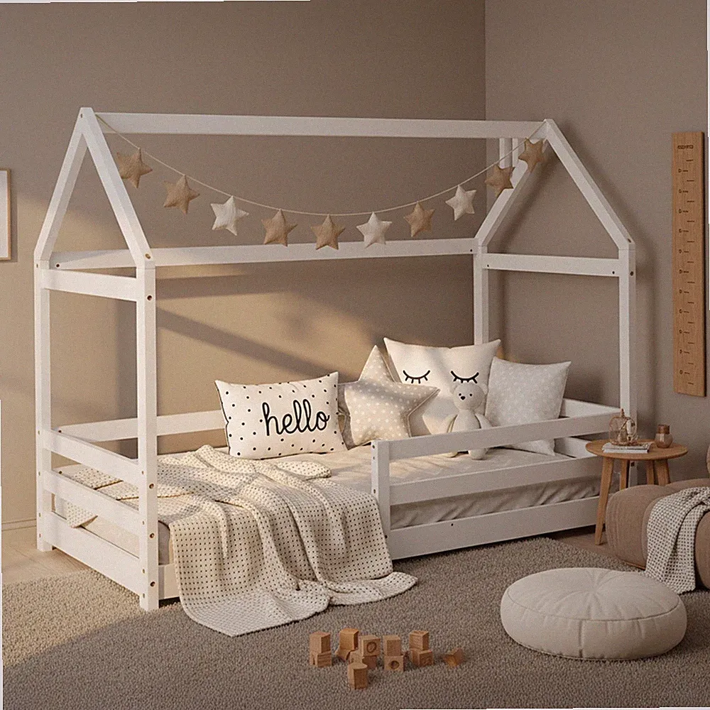 Kinderbett mit Matratze Hausbett 80x160 cm Rausfallschutz Bodenbett Homestyle4u