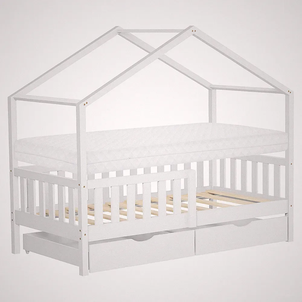 Kinderbett mit Matratze Hausbett Holzbett mit 2 Schubkästen Kiefernholz 80x160cm