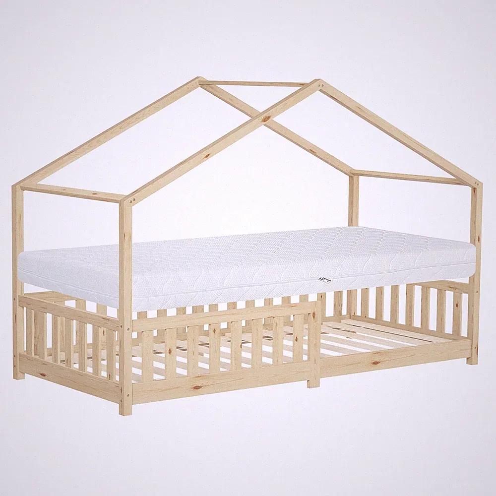 Kinderbett mit Matratze Hausbett Kiefernholz Holzbett Lattenrost Bett 90x200 cm