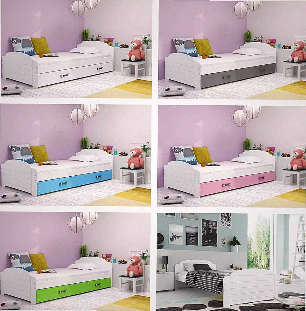 Kinderbett mit Matratze Jugendbett 90x200 Lily mit Schublade Weiß Grau 20