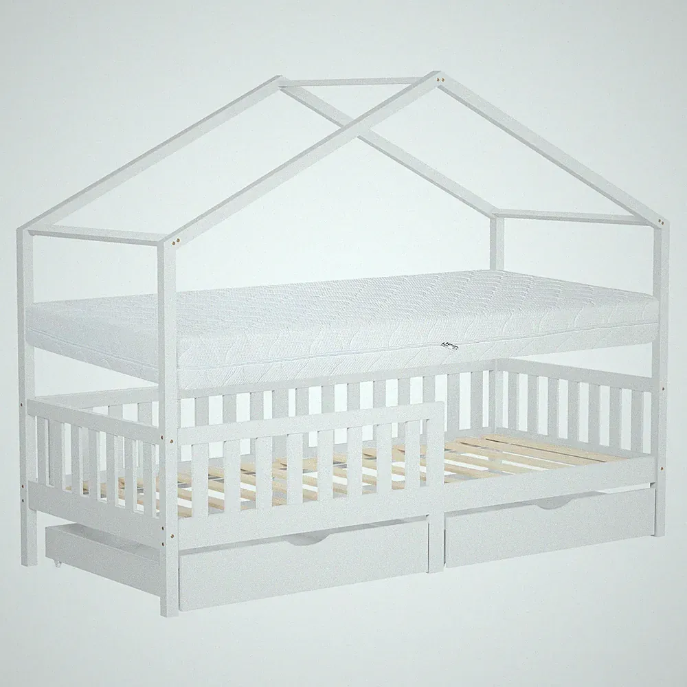 Kinderbett mit Matratze Kiefernholz Hausbett Holzbett mit 2 Schubkästen 90x200cm