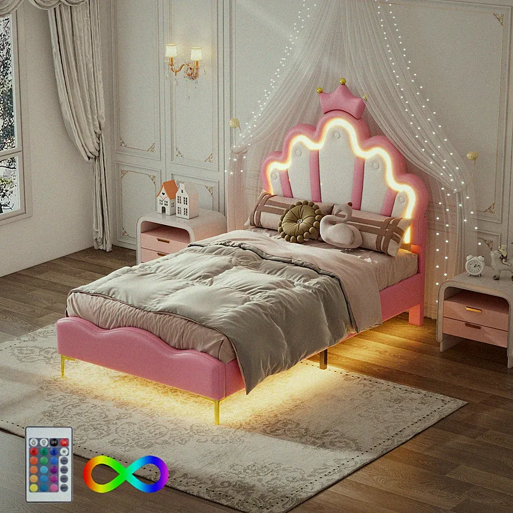 Kinderbett Polsterbett 90*200cm Einzelbett Bettgestell mit LED Lattenrost Bett