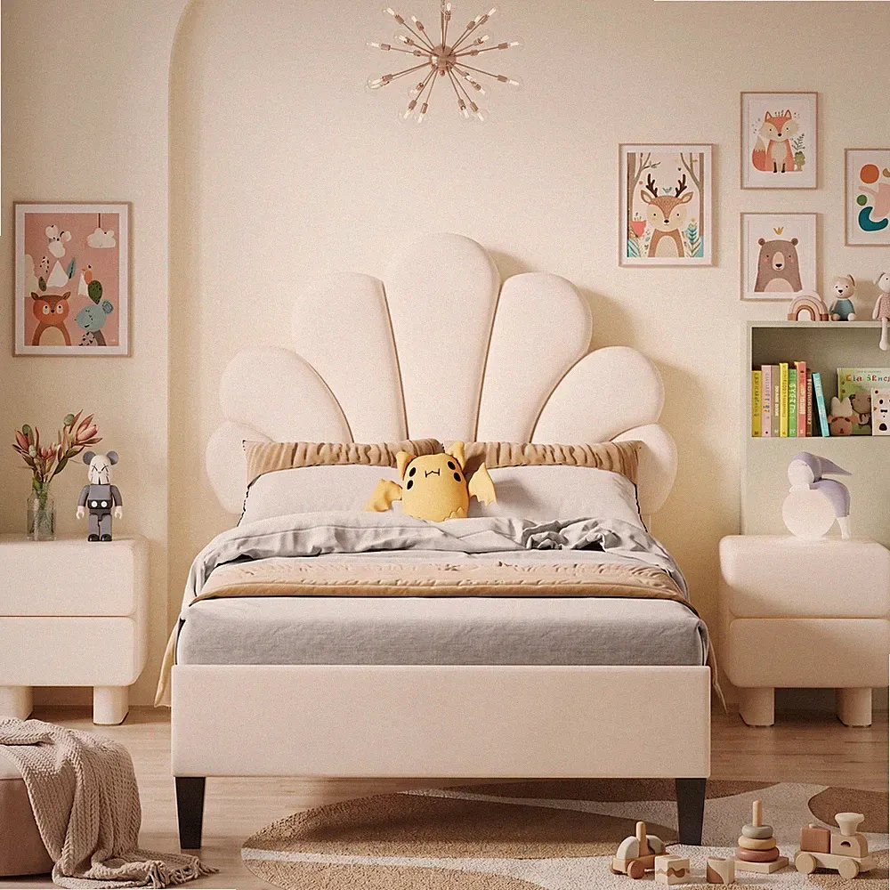 Kinderbett Polsterbett 90x200 cm,Bettgestell für Mädchen mit geblümtem Kopfteil