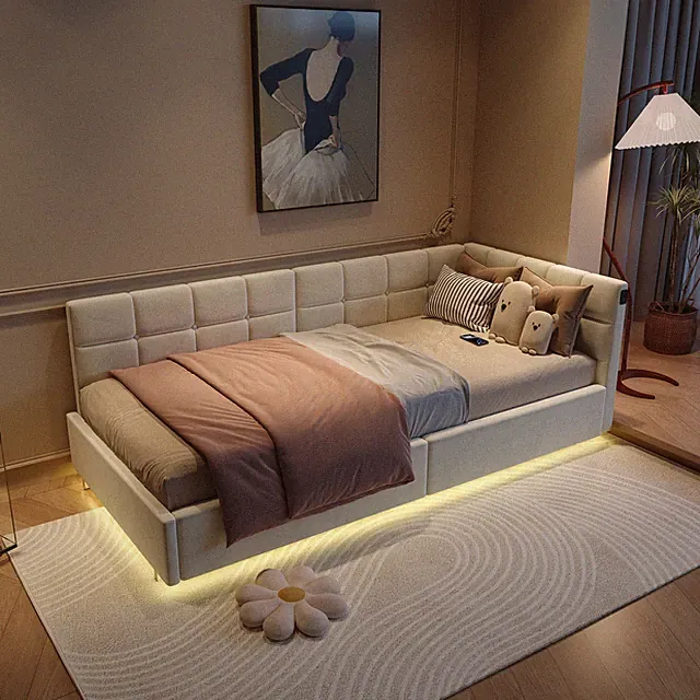 Kinderbett Polsterbett 90x200 cm mit LED USB Lattenrost Stauraum Boxspringbett