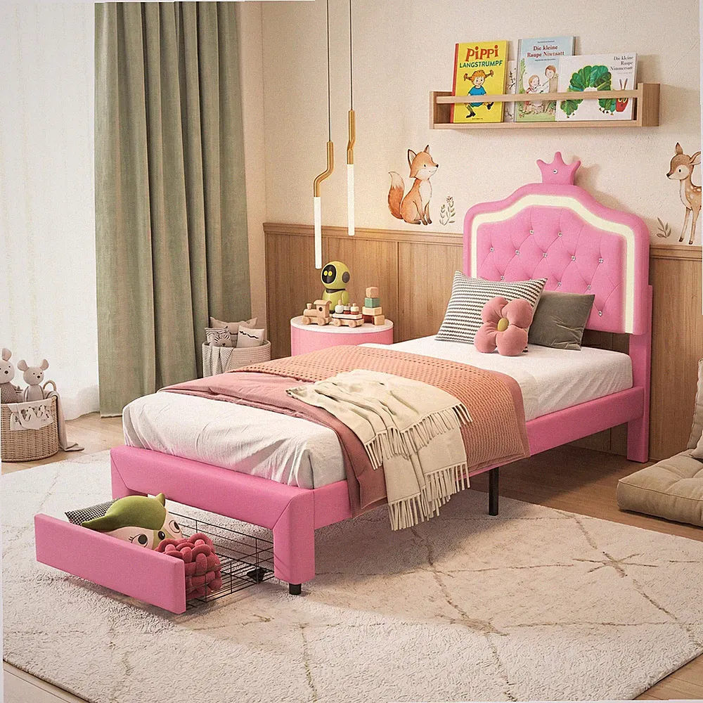 Kinderbett Polsterbett 90x200cm Bettgestell mit Schublade Mädchenbett LED Rosa