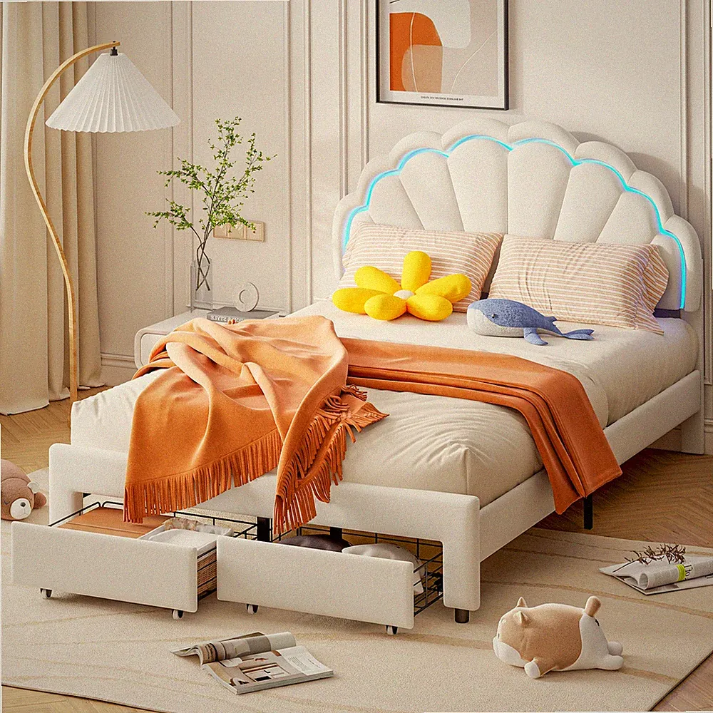 Kinderbett Polsterbett,90x200cm für Kinder Gepolstertes Bett für Kinder mit LED