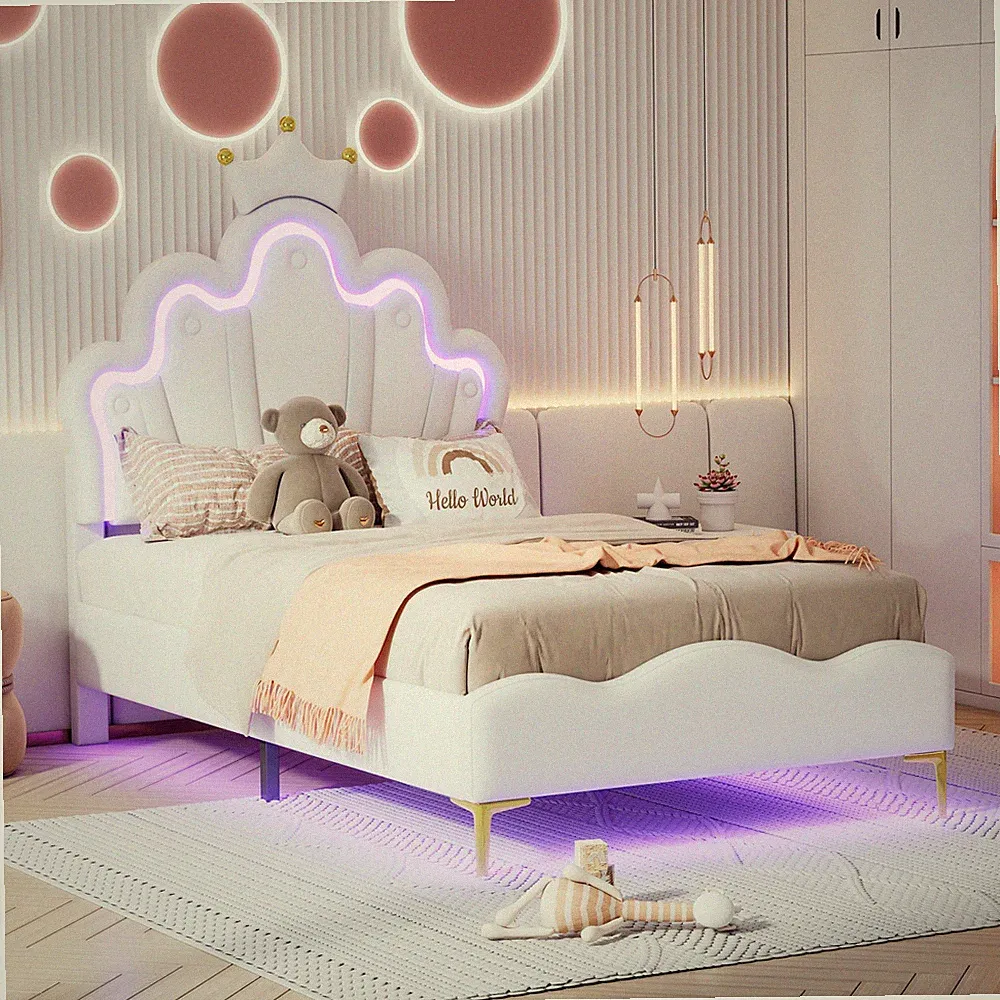 Kinderbett Polsterbett Jugendbett 90x200cm mit LED-Kopfteil & Lattenrost, Weiß