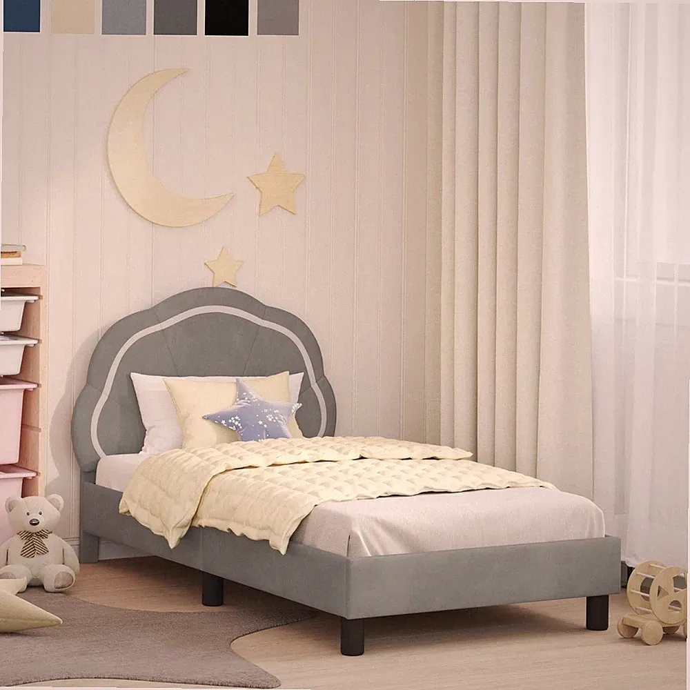 Kinderbett Polsterbett mit Kopfteil Samt Kinder Bettgestell Einzelbett 90x200cm