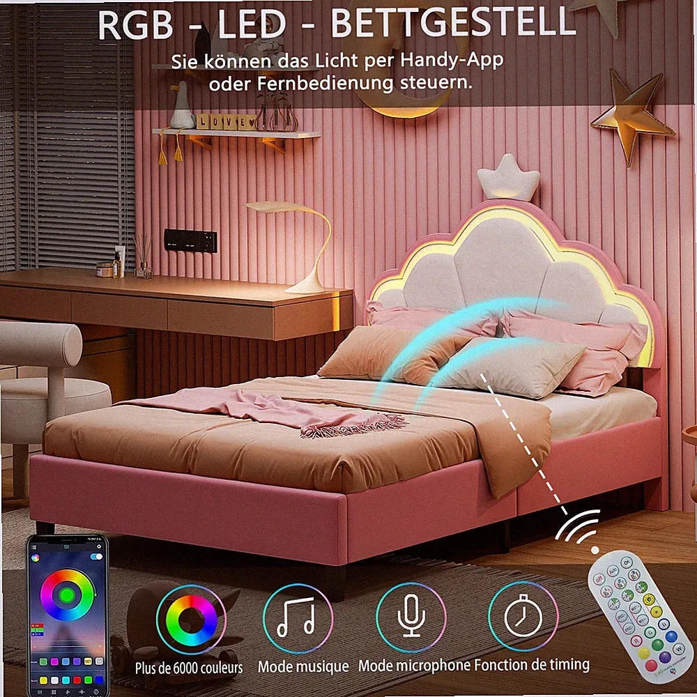 Kinderbett Polsterbett mit LED Mädchen Bettgestell Verstellbares Kopfteil 90x200