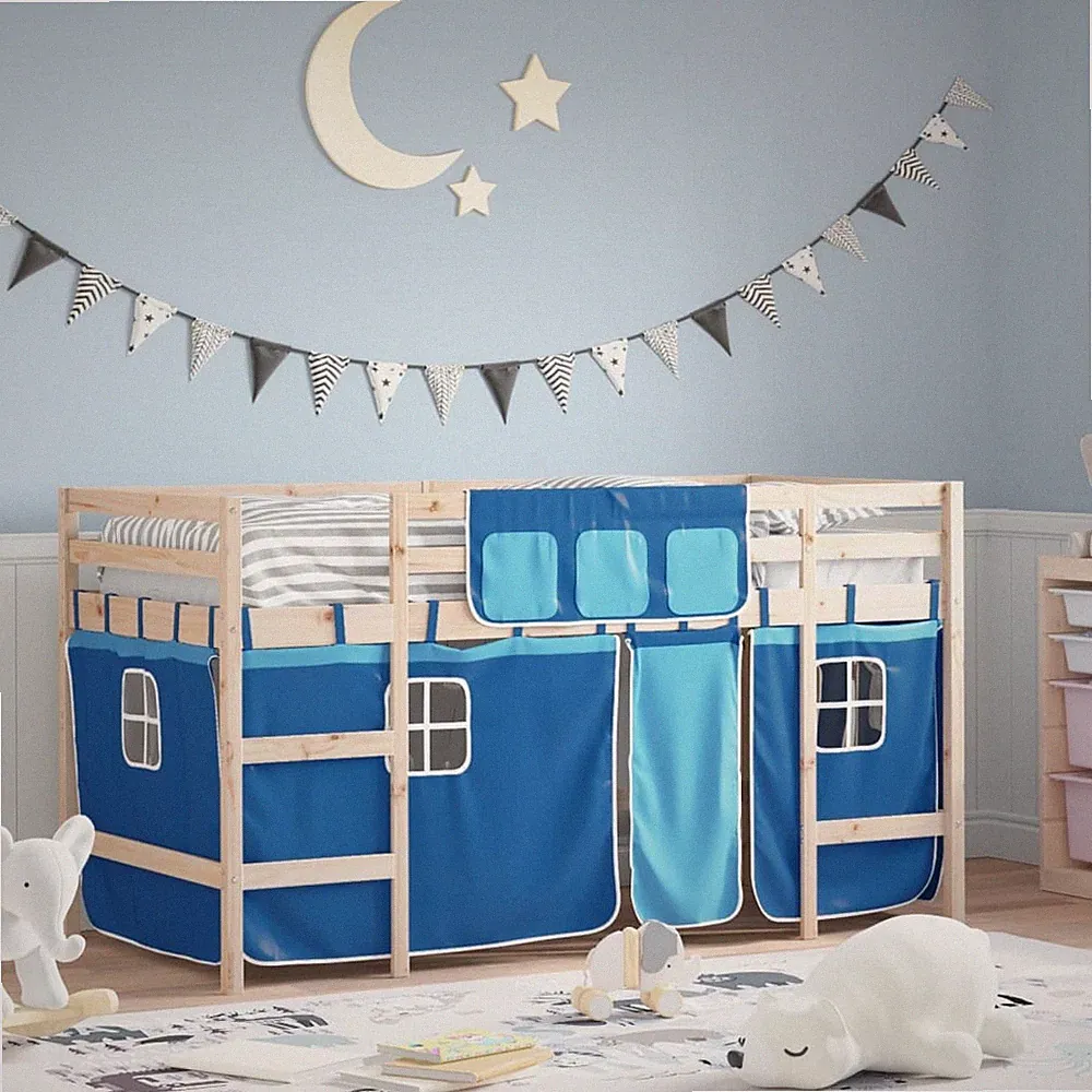 Kinderhochbett mit Vorhängen Holz Spielbett Kinderbett Etagenbett Stockbett Bett