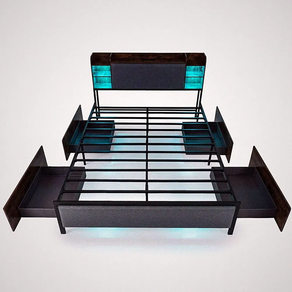 King Size Bettgestell mit LED Beleuchtung und Ladestation Industrial gepolstert